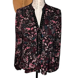 Laundry,M, floral crushed velvet grommet 1/4 lace drop ruffled waist tunic top ￼